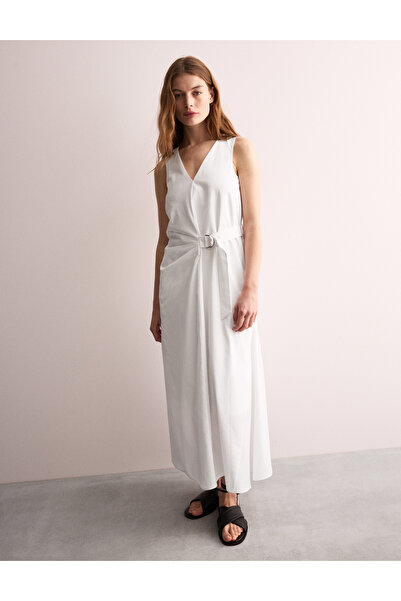 Marks & Spencer Saf Pamuk V-Yaka Midi Kuplu Elbise