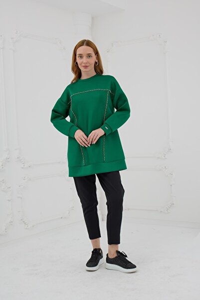 Moodbasic Gümüş İncili Scuba Tunik Zümrüt