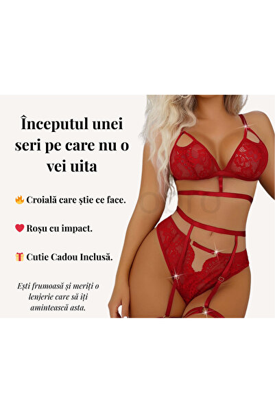OBRO Sexy Lingerie Set - Red Lace Bra, Garter Belt & Thong Panty + Gift Wrapping