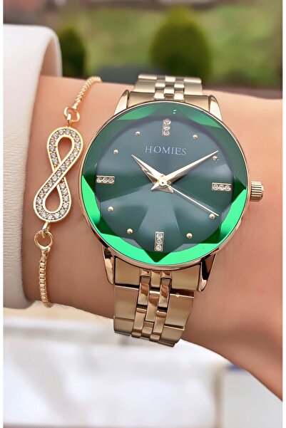Homies ساعة يد نسائية بمينا أخضر مع سوار إنفينيتي - سوار فولاذي ذهبي اللون مع...