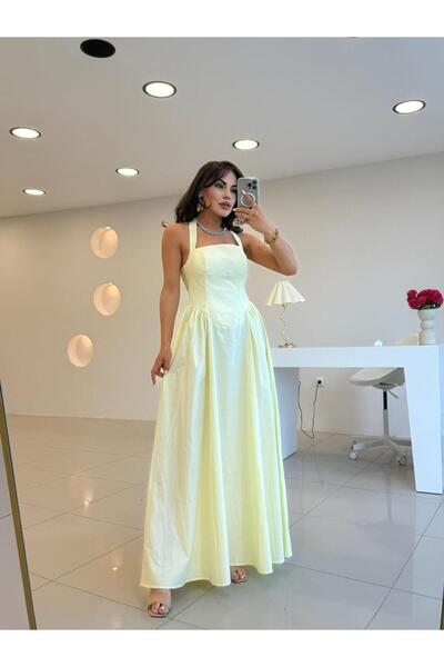 Şulenin Butiği SIRT DEKOLTELİ POPLİN ELBİSE SARI