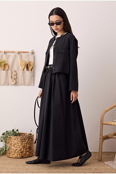 HEQA Büzgülü Kanvas Etek Siyah