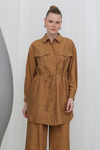 Puane Women's Drawstring Waist Detailed Trouser Suit - 14310Tks - Camel