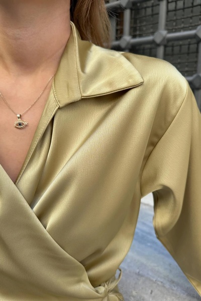 Lusin Women's Oil Green Double Breasted Side Tie Seasonal Winter Satin Shirt