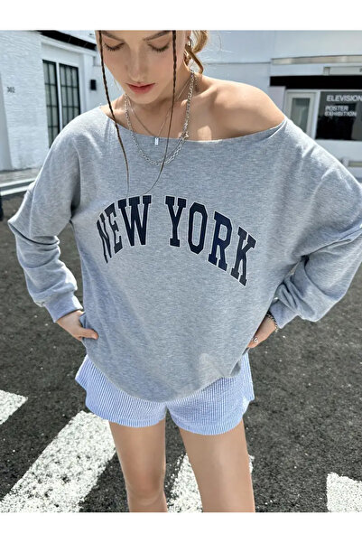Machetta Kadın New York Baskılı Kayık Yaka Sweatshirt