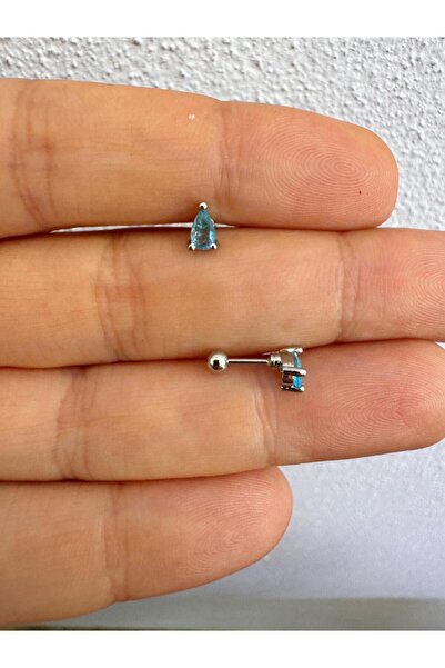 Arescollection Mavi zirkon damla taşlı 1 adet tragus helix lobe uyumlu piercing