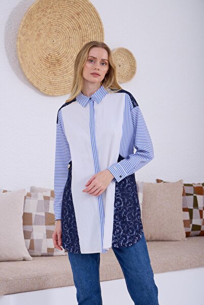 Moodbasic DANTEL DETAYLI ÇİZGİLİ GÖMLEK