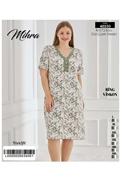 Mihra Büyük Beden Viskon Kumaş Dantel Yakalı Kısa Kollu Kadın Gecelik