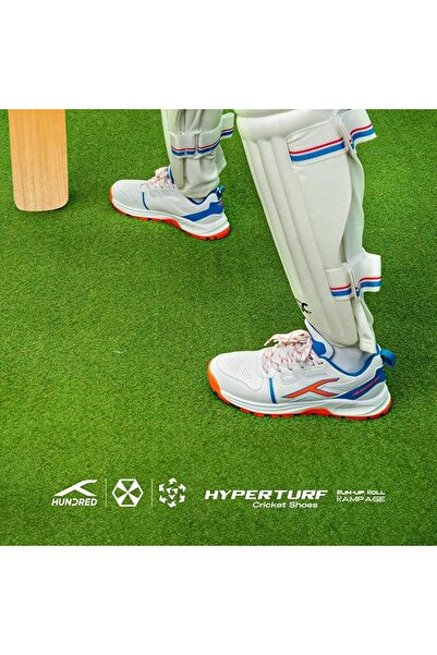Hundred HyperTurf Cricket Shoes White/Blue/Orange 8 UK | TerraSpike Rubber Studs Unisex
