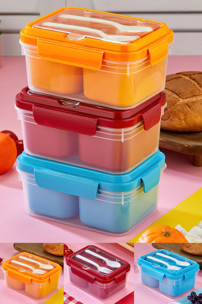 Espas Home Two-Chamber Lunch Box with Fork-Spoon Compartment and Locking Lid, Food Storage Container Set of 3