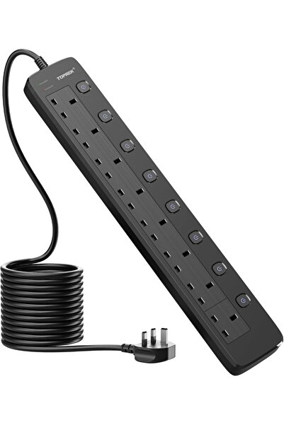 Generic TOPREK 8 Way Extension Lead with Individual Switches, 2100 Surge Protected Extension Lead with Indic