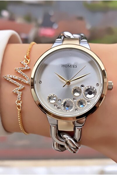 Homies Taş Detaylı Gümüş Kadın Kol Saati ve Zincir Bileklik Seti – Çelik Kord...
