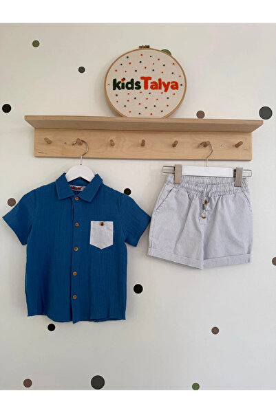 kidstalya طقم قميص أزرق مع شورت مخطط