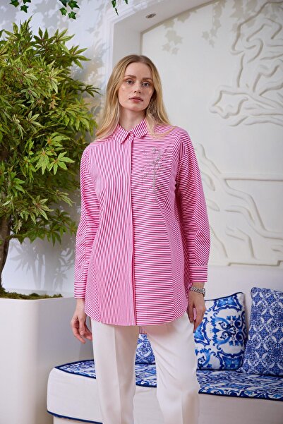 Moodbasic ZİNCİR İŞLEME DETAYLI ÇİZGİLİ GÖMLEK