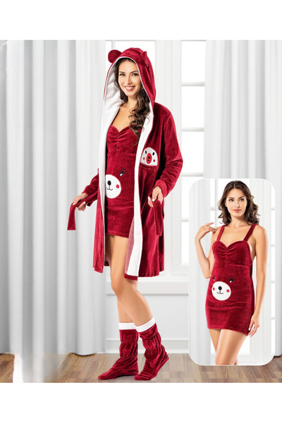 Miss Dünya Lissa Teddy Love Burgundy Hooded Velvet Dressing Gown Nightgown Set (with Booties as a Gift)
