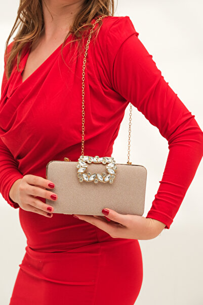 ROZA CANTA Βραδινό φόρεμα με χρυσό γκλίτερ με λεπτομέρεια με λουλουδάτο μοτίβο, βραδινή τσάντα για πάρτι