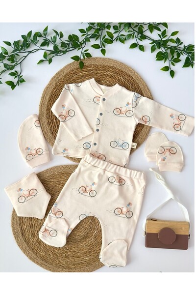 BEBENAZ Organic Cotton 0-3 Month 5-Piece Newborn Baby Set with Bicycle