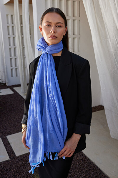 FENZA SCARF ŞAL DE BUMBAC LILYUM ICE BLUE CU FRĂŞCIURI