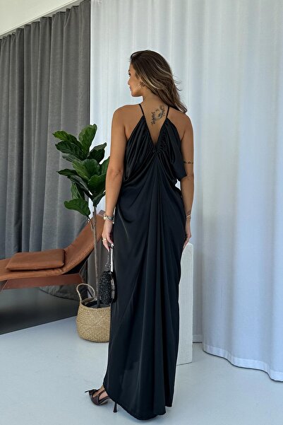Mine Tan Butik Pleated Detail V-Neck Sleeveless Chiffon Lined Evening Dress - Black