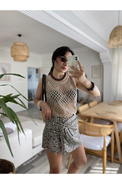 GENCULUS Women's Strappy Round Neck Geometric Patterned Knitwear Blouse