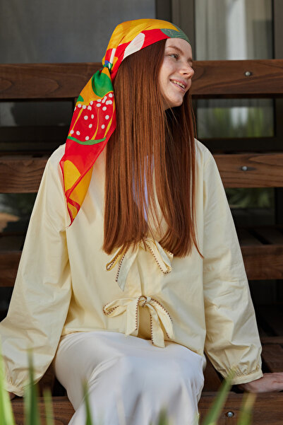 FENZA SCARF ΚΑΣΑΝΔΡΑ ΚΙΤΡΙΝΟ - ΚΟΚΚΙΝΟ ΜΕ ΣΧΕΔΙΟ ΦΛΟΡΑ ΒΑΜΒΑΚΙ ΜΕΤΑΞΙ ΦΟΥΑΡΙ