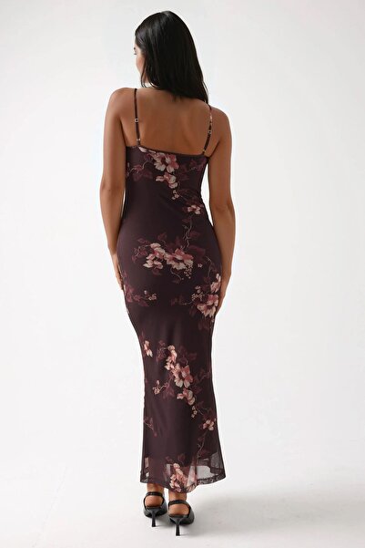 Hiccup Desenli Askılı Bodycon Maxi Elbise