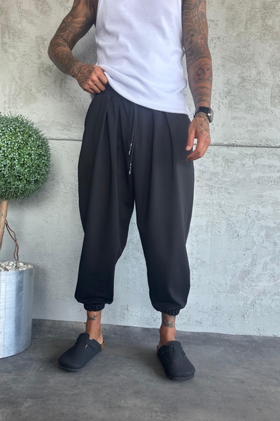 MADZEYMODA Men's Black Casual Pants Elastic Waist & Cuffs Lycra Harem Shalwar Ke-7020