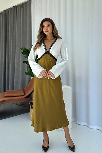 Mine Tan Butik V-Neck Lace Detailed Women's Dress - Khaki