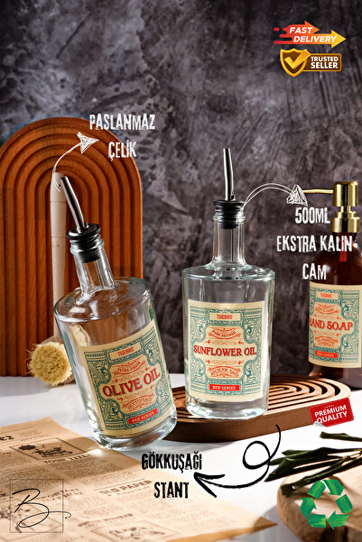 TheBRo 500ML Gökkuşağı Stantlı Şeffaf Kalın Camlı Red Serisi Zeytinyağı ve Ay...