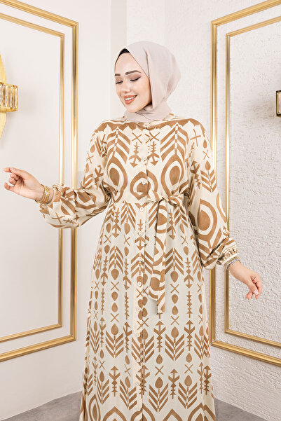 Tesettür Dünyası Boydan Düğmeli Viskon Elbise TSD250214 Camel