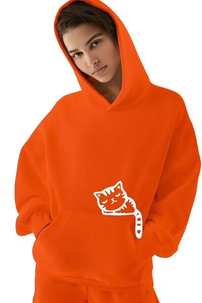 E-ROMA Φούτερ με κουκούλα unisex με στάμπα γάτας με χτενισμένο βαμβάκι 3 νημάτων