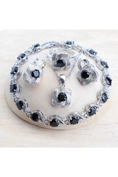 OEM 925 silver plated jewelry set with black-obsidian zircon crystals