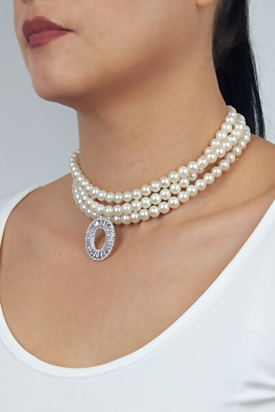 Liveyn Design قلادة ثلاثية الصفوف من اللؤلؤ الزجاجي والزركون