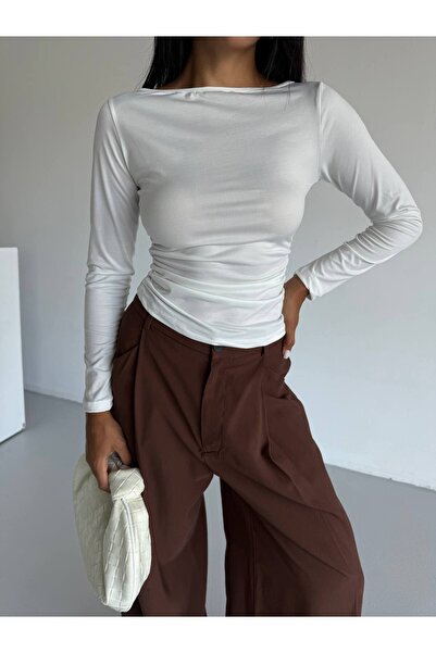 FOORS Γυναικεία μπλούζα με μακρύ μανίκι από ύφασμα Sandy με λαιμόκοψη και πλα...