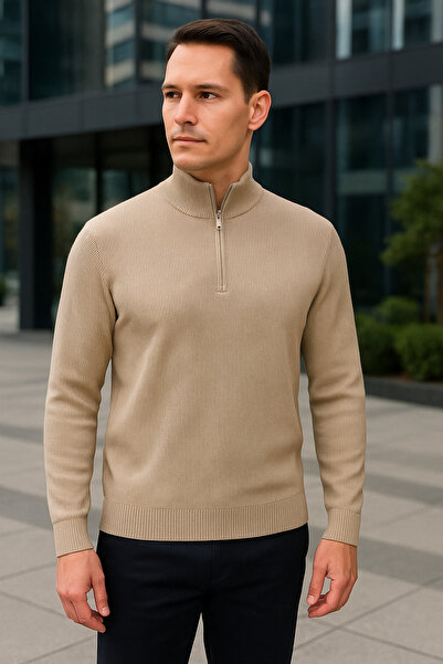 Maccali Men's High Neck Zippered Cream Sweatshirt Knitwear Sweater