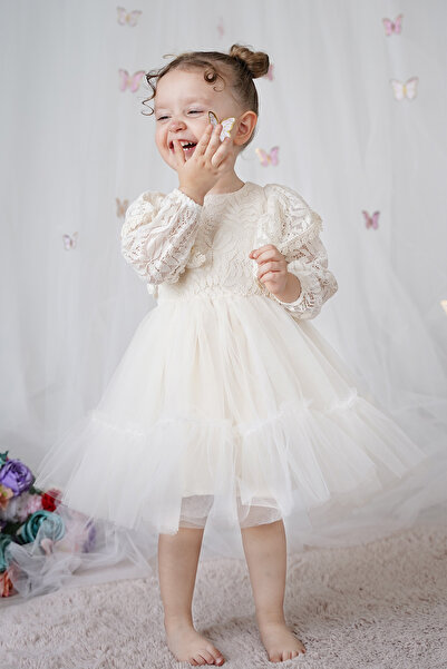 ALYRA Kız Bebek Elbise Dantelli Tüllü Tütü Doğum Günü Özel Gün Düğün Parti Pamuklu Abiye Kız Çocuk Elbise