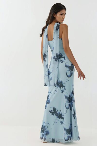 Hiccup Straplez Çiçek Desenli Tül Kuşaklı Bodycon Maxi Elbise
