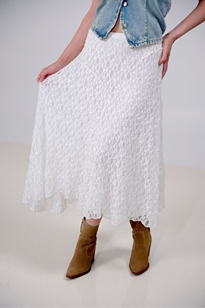 FLAVİA TEKSTİL DANTEL DETAYLI ASTARLI ASİMETRİK ETEK