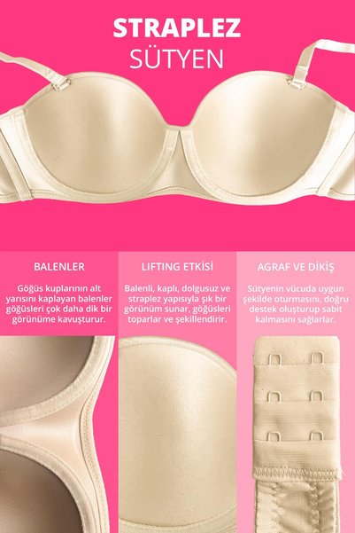 Cottonhill Balenli Toparlayıcı Dolgusuz Straplez Sütyen 3'lü Paket