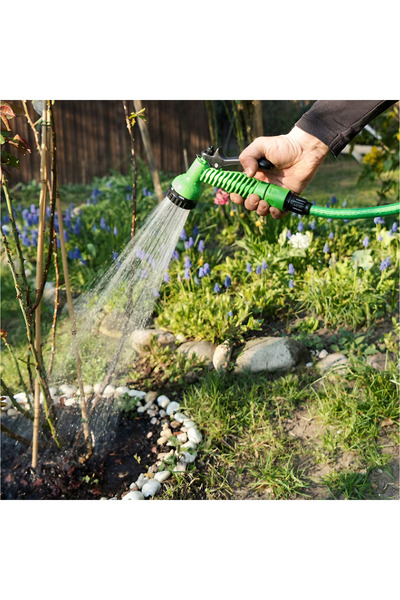 NEO Expandable Garden Watering Hose, 7 Functions, with Watering Gun, 60 meters, Connectors Included, Green