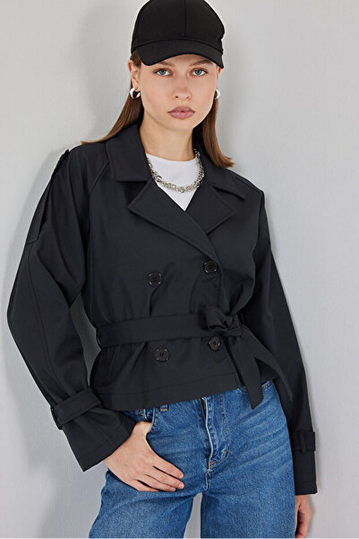 MODAMERSİ Kadın Siyah Kemerli Kısa Trençkot