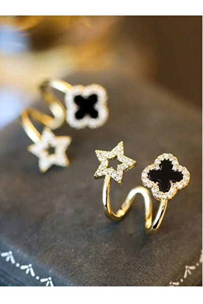 C&K Atelier 925 Ayar Gümüş Yıldız ve Siyah Yonca Figürlü Çelik Küpe – Şık ve Modern