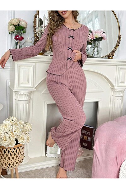 BELLA NOTTE Gül Kurusu Pamuklu Fiyonk Detaylı Uzun Kollu Pijama Takımı