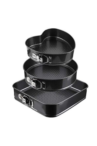 NEO Set of 3 Baking Trays, Heart/Round/Square Shapes and Removable Base, 24 cm/26 cm/28 cm, Black, Ne