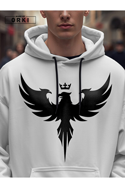 EFFRENATU Crowned Eagle Printed White Oversize Hooded Sweatshirt Black Pants Jogger Tracksuit Set