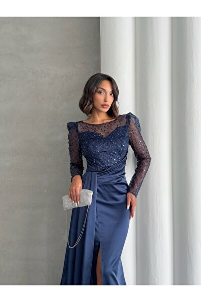 Housebutik Satin Slit Stone Sequined Evening Dress