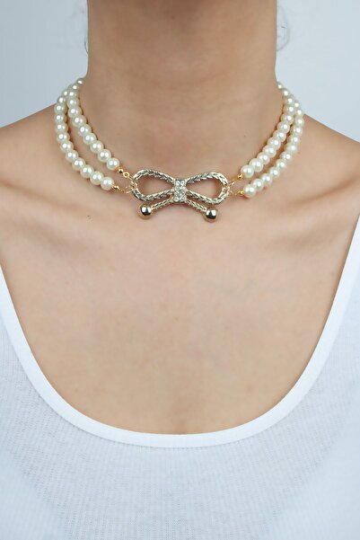 Liveyn Design قلادة من اللؤلؤ الزجاجي بطرف برونزي مزدوج الصف