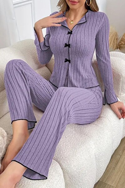 BELLA NOTTE Pamuklu Mor Fiyonk Detaylı Mevsimlik Pijama Takımı