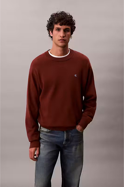 Calvin Klein Erkek Regular Fit Bisiklet Yaka Pamuklu Kazak - Koyu Kahverengi