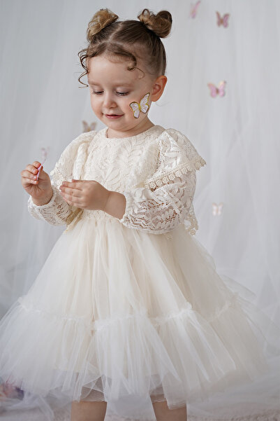 ALYRA Kız Bebek Elbise Dantelli Tüllü Tütü Doğum Günü Özel Gün Düğün Parti Pamuklu Abiye Kız Çocuk Elbise